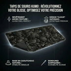 Infographie technique présentant le tapis de souris Kumo Kuro (Noir orage) avec un gros plan sur le motif de nuages, des leader lines et des icônes expliquant les caractéristiques : revêtement micro-texturé, design cloud japonais, base en caoutchouc naturel, bordures surpiquées.