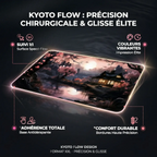 Infographie technique détaillant les caractéristiques clés du tapis de souris XXL Kyoto Flow : Suivi 1:1 Précis, Couleurs Vibrantes, Adhérence Totale (Base Antidérapante), Confort Durable (Bordures Haute Précision).