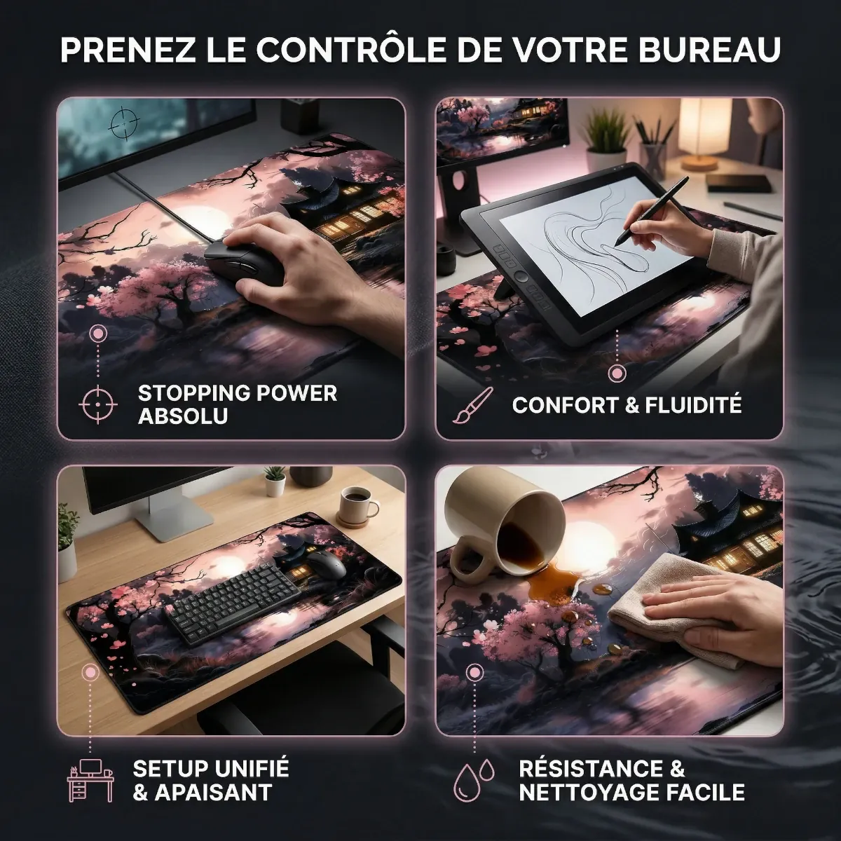 Infographie présentant les quatre scénarios d'utilisation du tapis de souris XXL Kyoto Flow : Joueur FPS (Précision), Créatif (Fluidité), Setup de bureau (Uni), Résistance (Facilité de nettoyage).