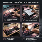 Infographie présentant les quatre scénarios d'utilisation du tapis de souris XXL Kyoto Flow : Joueur FPS (Précision), Créatif (Fluidité), Setup de bureau (Uni), Résistance (Facilité de nettoyage).