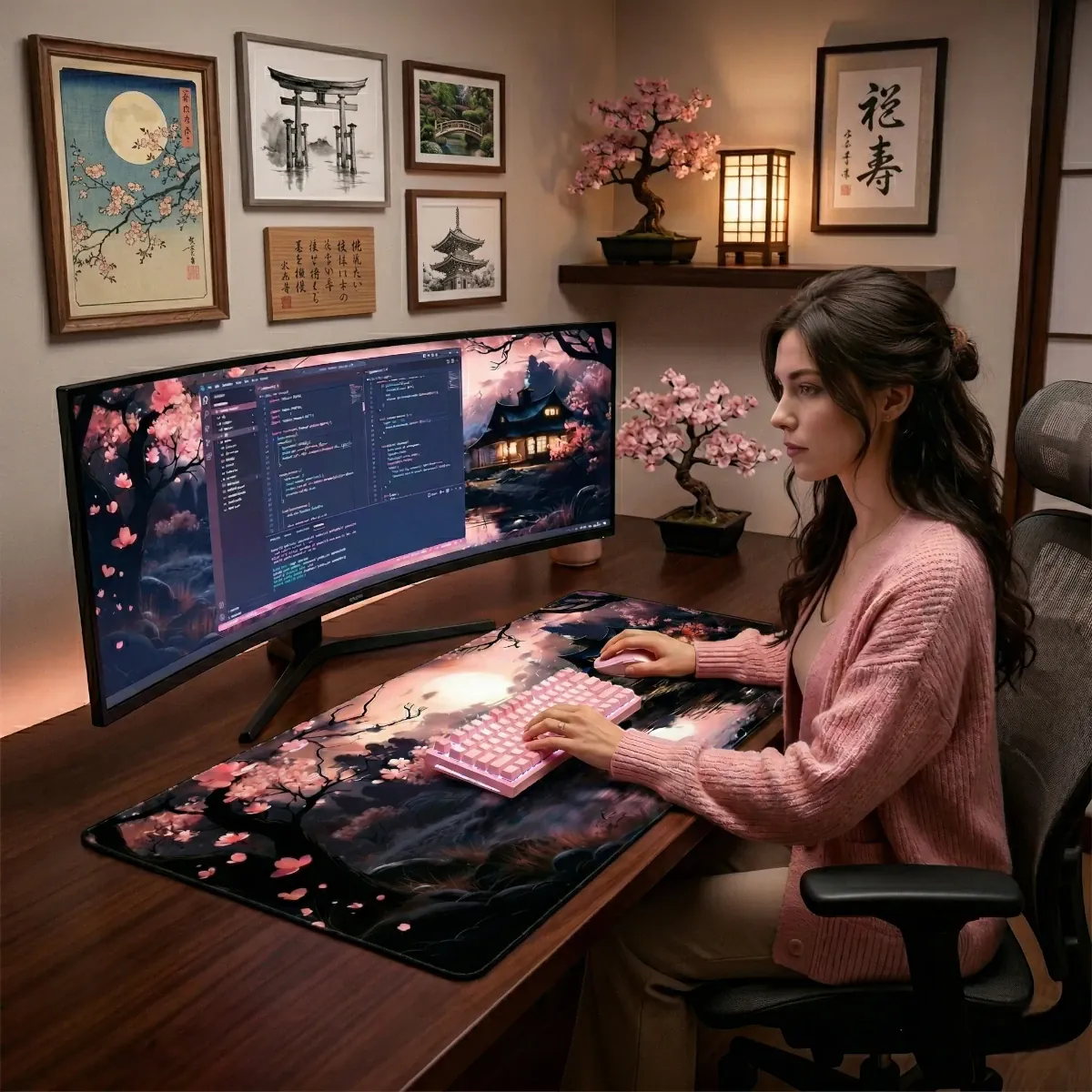Photographie lifestyle d'une femme travaillant à un bureau japonais avec le tapis de souris XXL Kyoto Flow, tapant sur un clavier rose devant un écran ultra-large affichant du code. Décor avec bonsais, lanterne shoji et cadres d'art japonais.