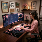 Photographie lifestyle d'une femme travaillant à un bureau japonais avec le tapis de souris XXL Kyoto Flow, tapant sur un clavier rose devant un écran ultra-large affichant du code. Décor avec bonsais, lanterne shoji et cadres d'art japonais.