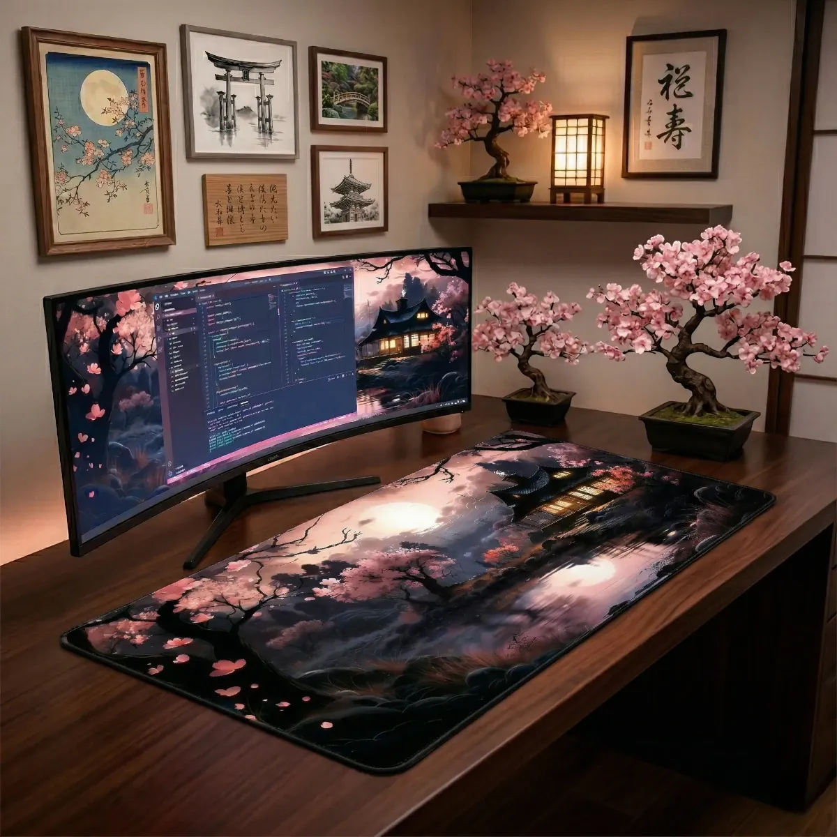 Photographie lifestyle haut de gamme montrant un setup de bureau japonais Zen avec le tapis de souris XXL Kyoto Flow, devant un écran ultra-large affichant son design. Décor avec bonsais, lanterne shoji et cadres d'art japonais torii et mune.