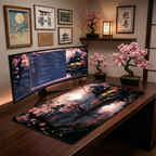 Photographie lifestyle haut de gamme montrant un setup de bureau japonais Zen avec le tapis de souris XXL Kyoto Flow, devant un écran ultra-large affichant son design. Décor avec bonsais, lanterne shoji et cadres d'art japonais torii et mune.