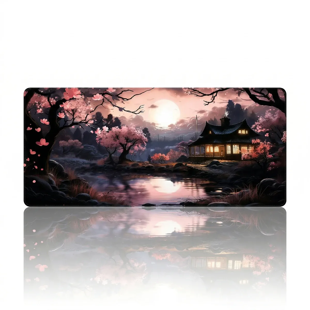 Tapis de souris XXL Kyoto Flow : vue de produit isolée avec reflet miroir, montrant le design détaillé de cerisiers en fleurs (sakura) et minka japonaise sous la lune.