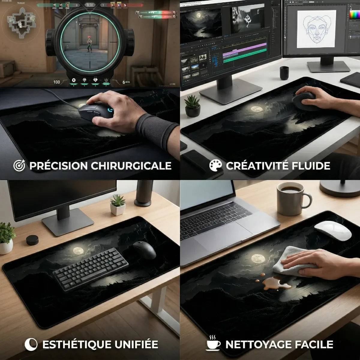 Triptyque d'utilisation du tapis Lunar Abyss : Gaming FPS, création graphique et bureau minimaliste.