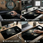 Triptyque d'utilisation du tapis Lunar Abyss : Gaming FPS, création graphique et bureau minimaliste.
