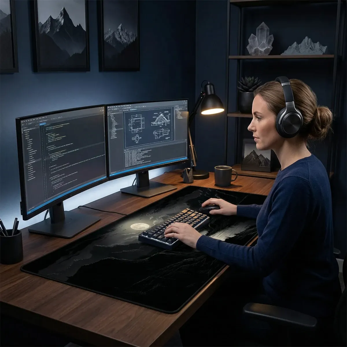Setup de bureau ergonomique avec le grand tapis de souris Lunar Abyss utilisé par une femme créative.