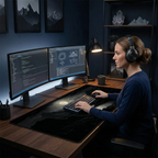 Setup de bureau ergonomique avec le grand tapis de souris Lunar Abyss utilisé par une femme créative.