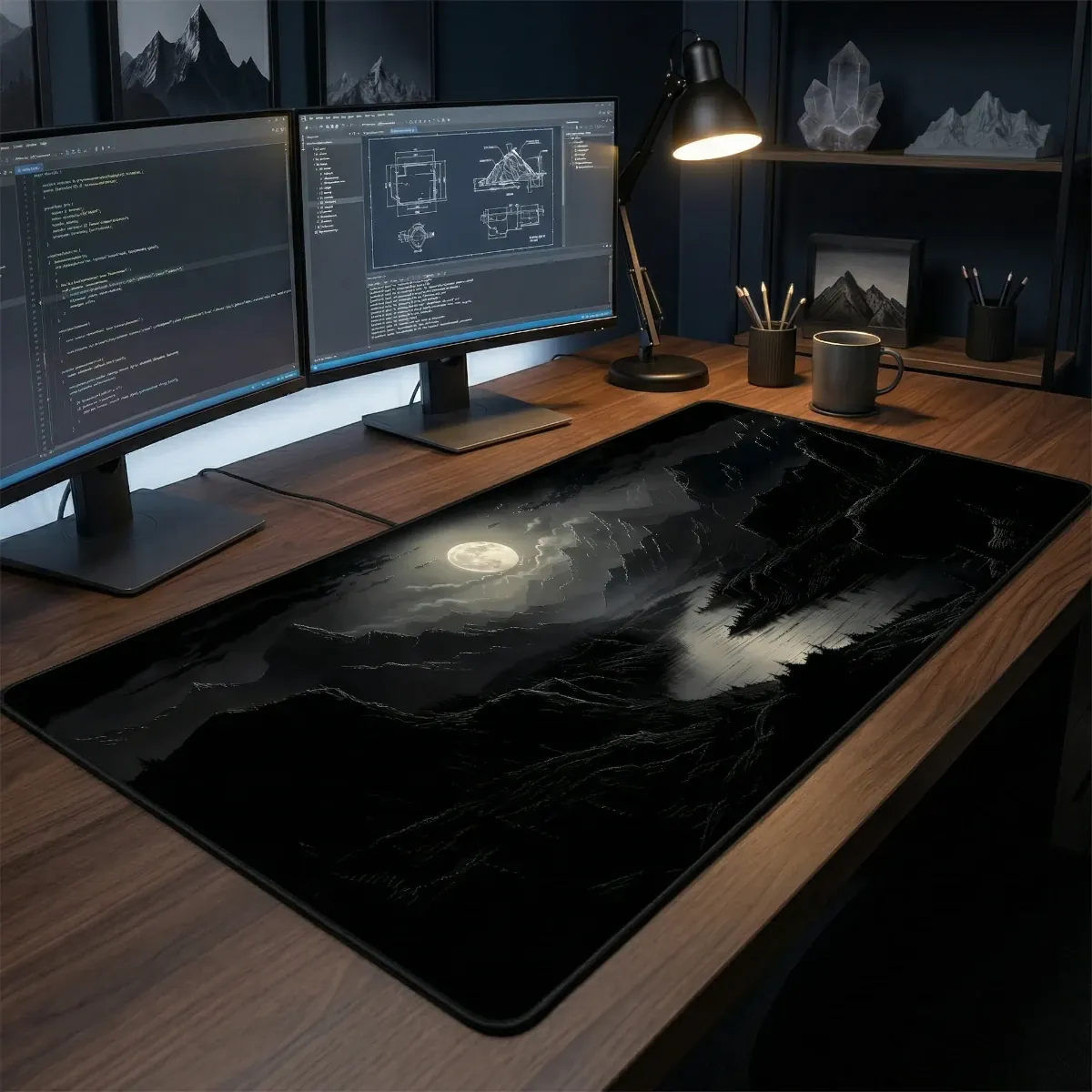 Mise en situation réelle du tapis de souris Lunar Abyss 90x40cm sur un bureau en bois sombre.