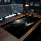 Mise en situation réelle du tapis de souris Lunar Abyss 90x40cm sur un bureau en bois sombre.