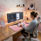 Photo d'ambiance montrant une utilisatrice travaillant sur un bureau en verre avec le tapis de souris Nebula Cat version Sakura Cloud. Le setup est complété par des accessoires Kawaii, un grand moniteur et un éclairage d'ambiance doux.