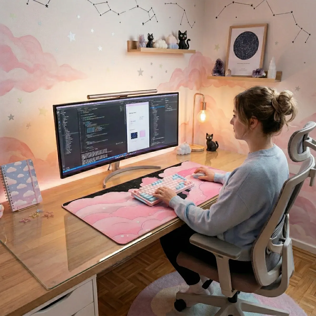 Photo d'ambiance montrant une utilisatrice travaillant sur un bureau en verre avec le tapis de souris Nebula Cat version Sakura Cloud. Le setup est complété par des accessoires Kawaii, un grand moniteur et un éclairage d'ambiance doux.