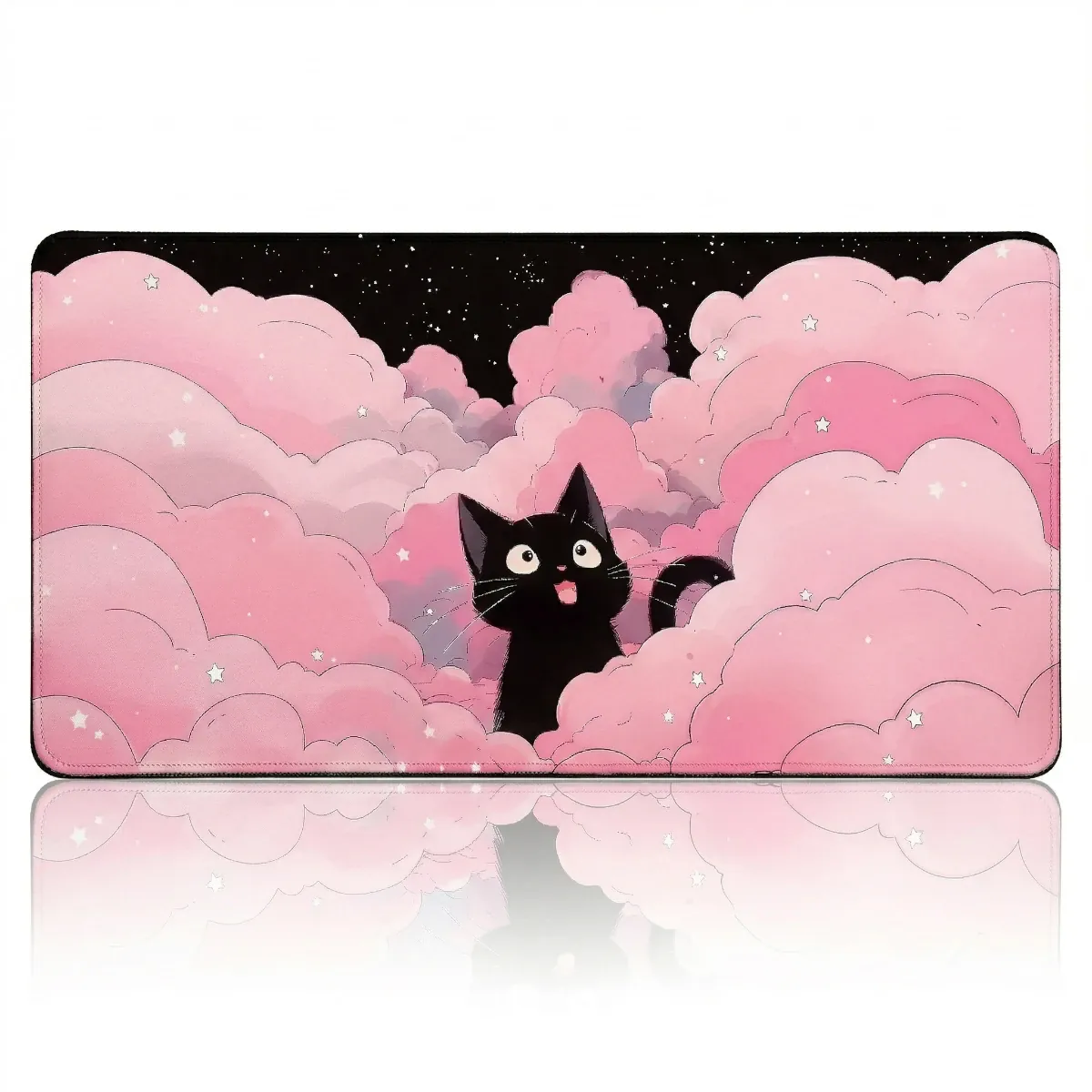 Photo de produit de haute qualité montrant le tapis de souris XXL Nebula Cat en version Sakura Cloud (nuages roses pastel). Le tapis est posé à plat avec un reflet miroir précis sur le bas, sur un fond blanc pur.