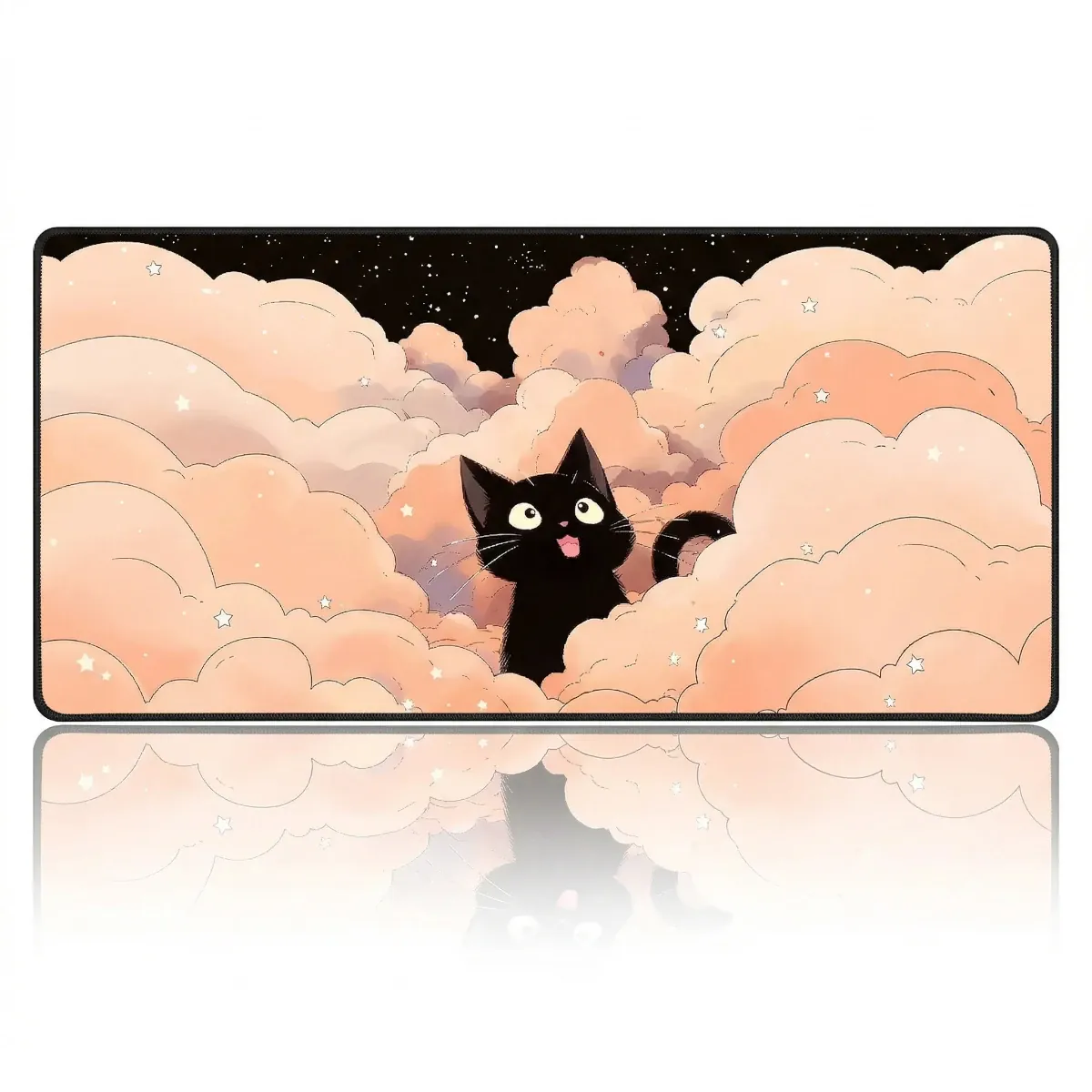 Photo de produit de haute qualité montrant le tapis de souris XXL Nebula Cat en version Sunset Dream (nuages orange pêche). Le tapis est posé à plat avec un reflet miroir précis sur le bas, sur un fond blanc pur.