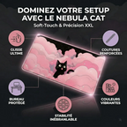 Infographie complète en français présentant les 5 avantages clés du tapis de souris Nebula Cat : glisse ultime, stabilité inébranlable, bureau protégé, couleurs vibrantes et coutures renforcées.