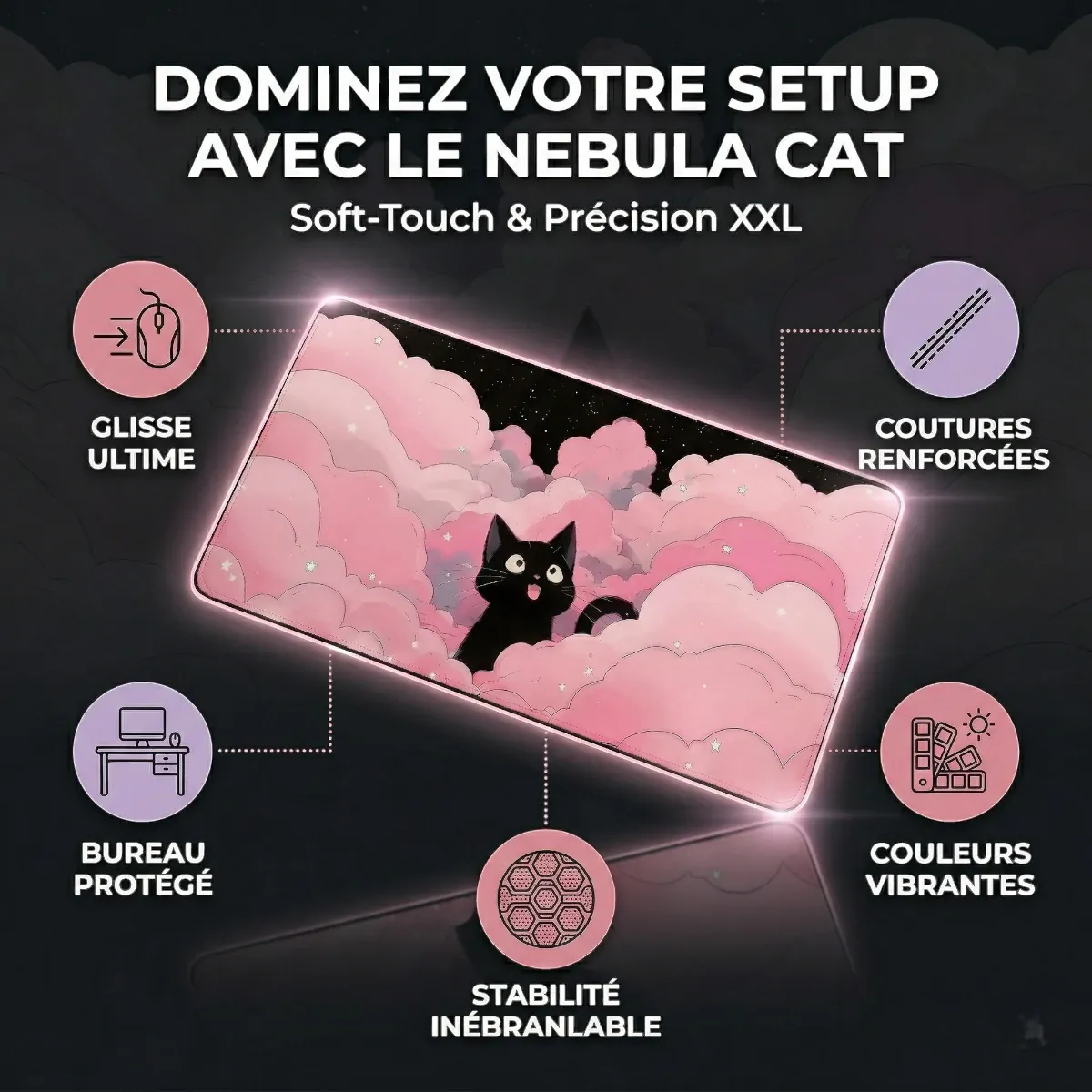 Infographie complète en français présentant les 5 avantages clés du tapis de souris Nebula Cat : glisse ultime, stabilité inébranlable, bureau protégé, couleurs vibrantes et coutures renforcées.
