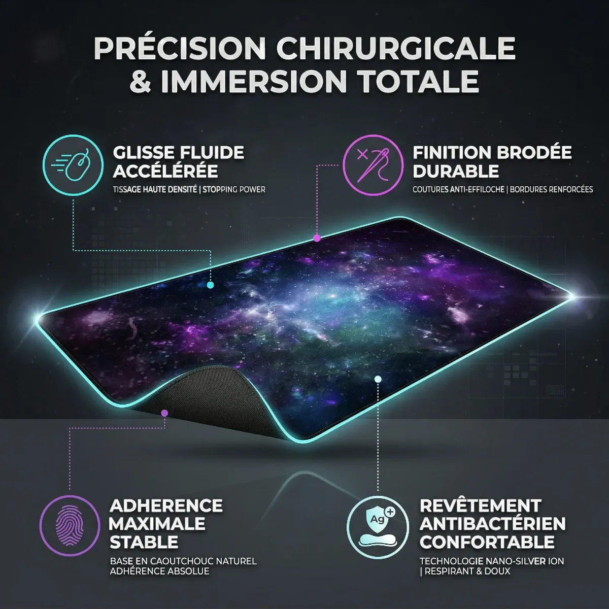 Caractéristiques techniques du tapis de souris Nebula Precision XXL : glisse fluide, bords brodés et base antidérapante.