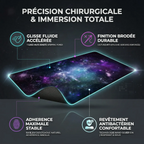 Caractéristiques techniques du tapis de souris Nebula Precision XXL : glisse fluide, bords brodés et base antidérapante.