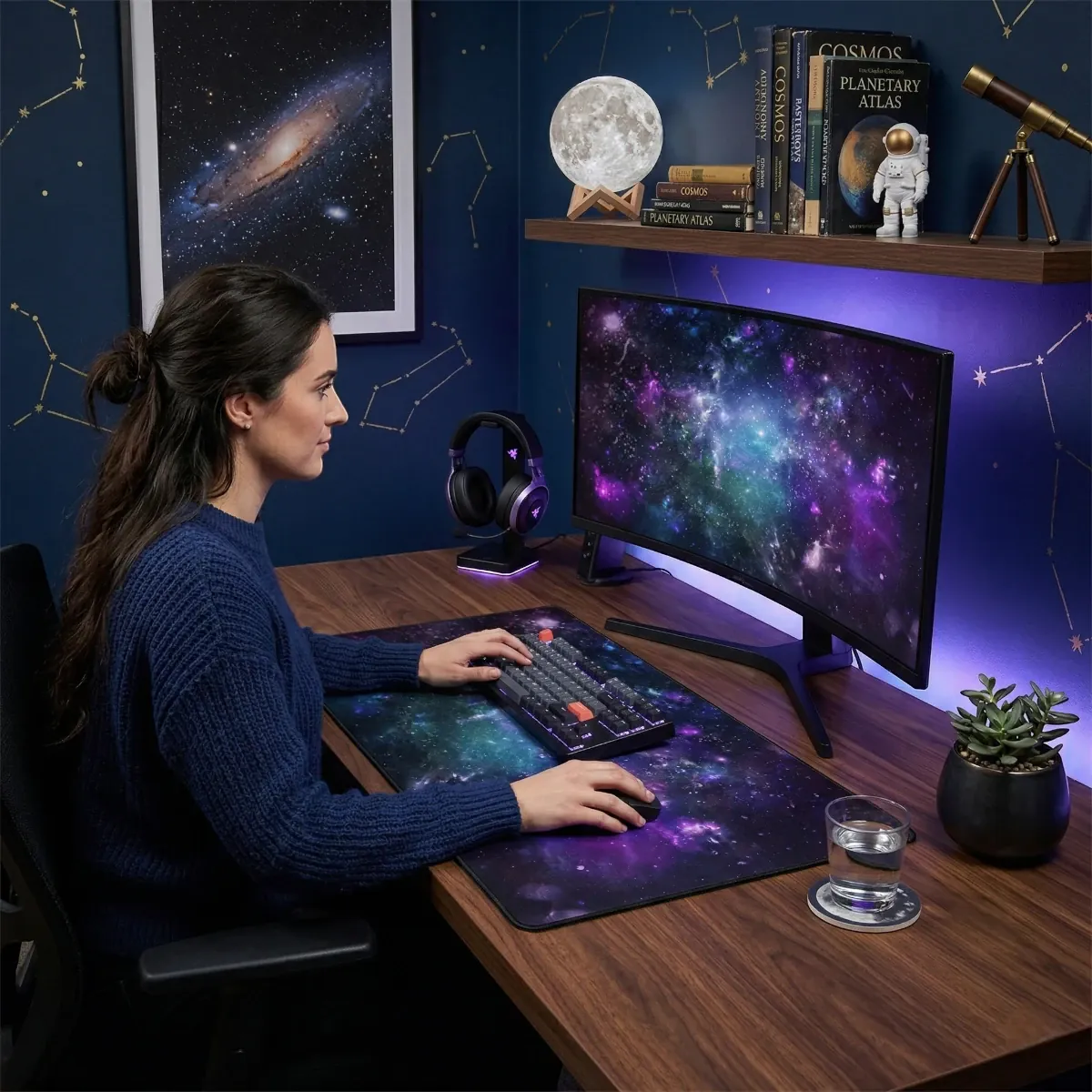 Tapis de souris Nebula Precision XXL intégré dans un setup de bureau immersif sur le thème de l'espace et de l'astronomie.
