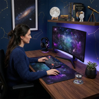 Tapis de souris Nebula Precision XXL intégré dans un setup de bureau immersif sur le thème de l'espace et de l'astronomie.