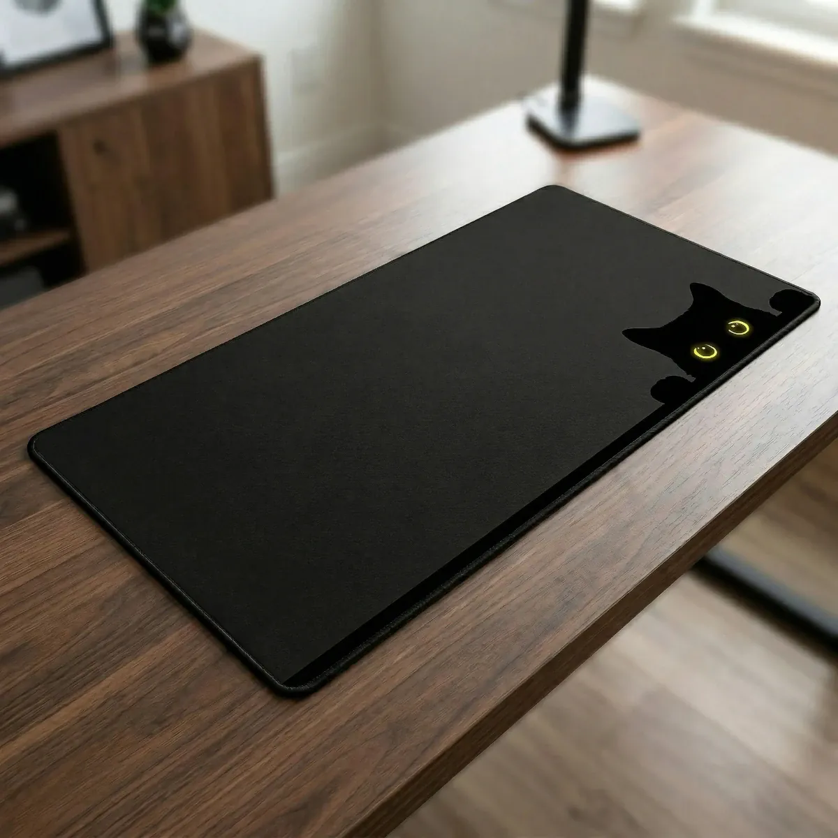 Mise en situation du tapis de souris Neko Stealth Pro sur un bureau en bois montrant sa grande surface de glisse.