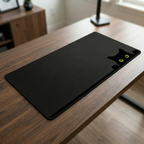 Mise en situation du tapis de souris Neko Stealth Pro sur un bureau en bois montrant sa grande surface de glisse.