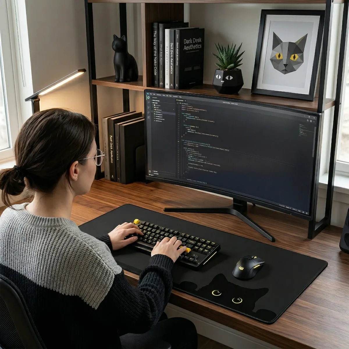 Tapis de souris Neko Stealth Pro format XXL intégré dans un setup home office ergonomique et moderne.