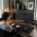 Tapis de souris Neko Stealth Pro format XXL intégré dans un setup home office ergonomique et moderne.