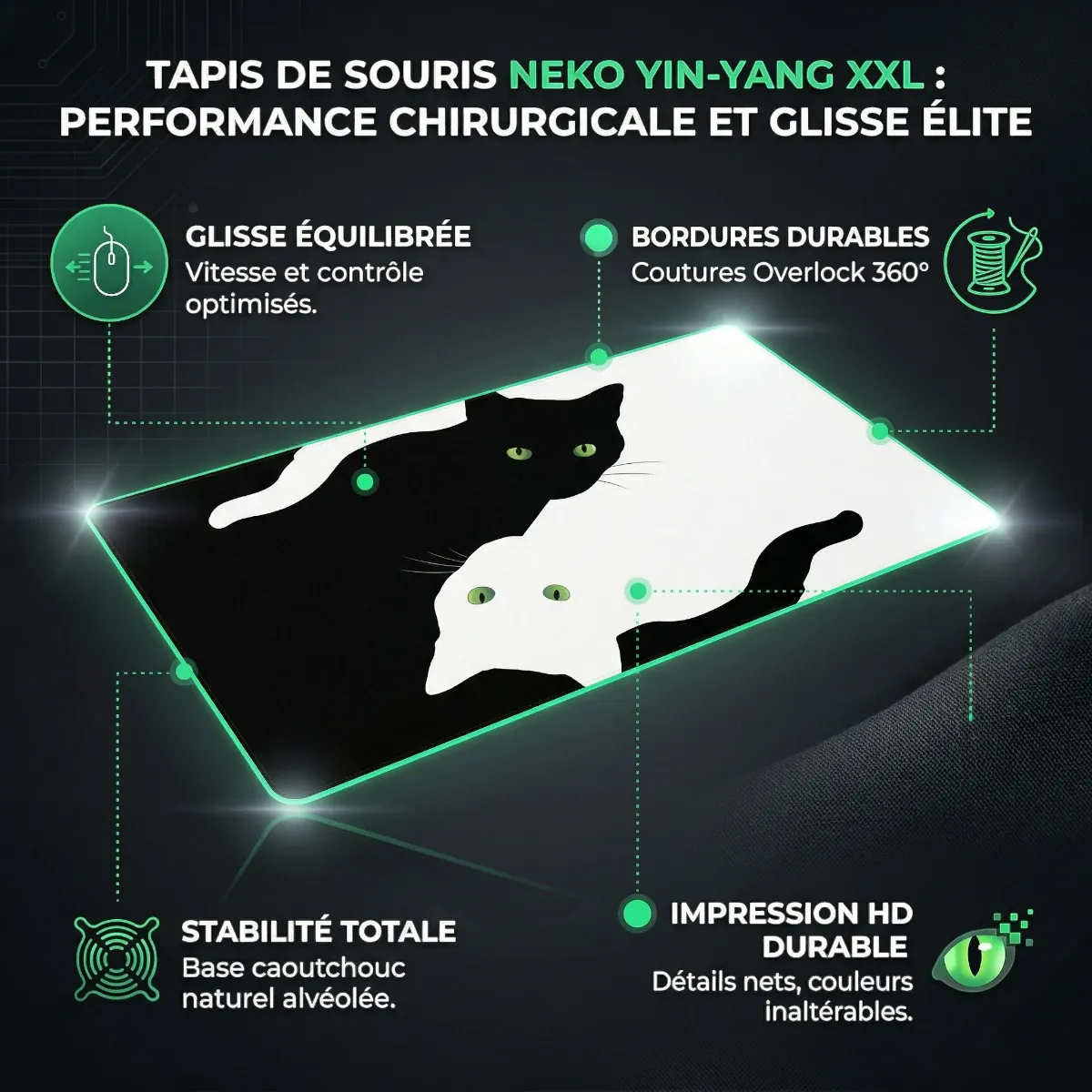 Infographie détaillée du tapis de souris Neko Yin-Yang XXL mettant en avant sa glisse équilibrée, ses bordures durables, sa stabilité totale et son impression HD durable.