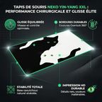 Infographie détaillée du tapis de souris Neko Yin-Yang XXL mettant en avant sa glisse équilibrée, ses bordures durables, sa stabilité totale et son impression HD durable.