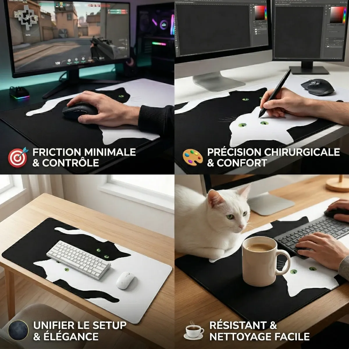Mosaïque de quatre situations montrant les usages variés du tapis de souris Neko Yin-Yang XXL : gaming FPS, création graphique, setup minimaliste et travail au quotidien.