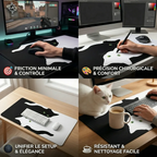 Mosaïque de quatre situations montrant les usages variés du tapis de souris Neko Yin-Yang XXL : gaming FPS, création graphique, setup minimaliste et travail au quotidien.