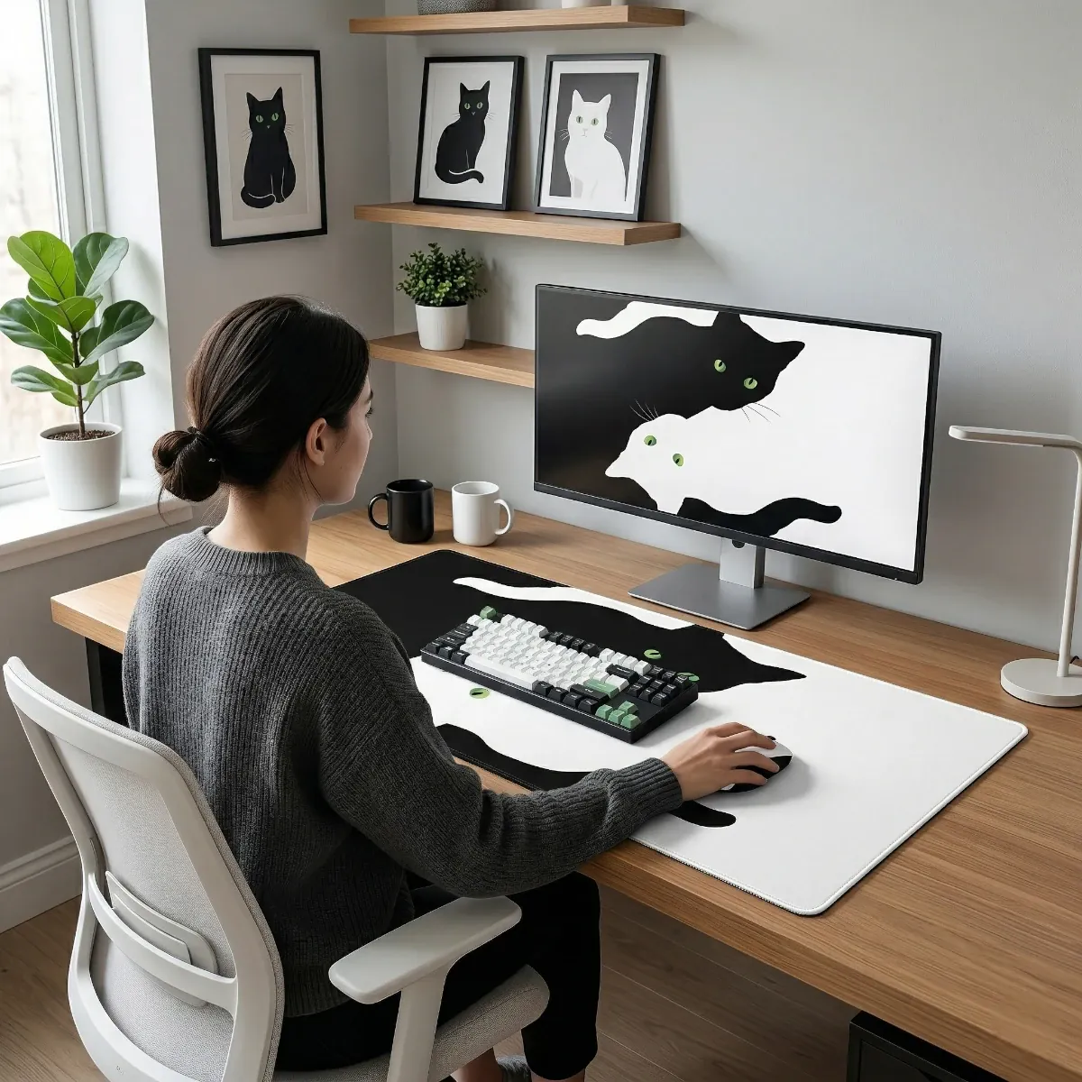 Femme travaillant sur son bureau avec le tapis de souris Neko Yin-Yang XXL, clavier et souris, dans un environnement décoré avec des affiches de chats.