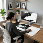 Femme travaillant sur son bureau avec le tapis de souris Neko Yin-Yang XXL, clavier et souris, dans un environnement décoré avec des affiches de chats.