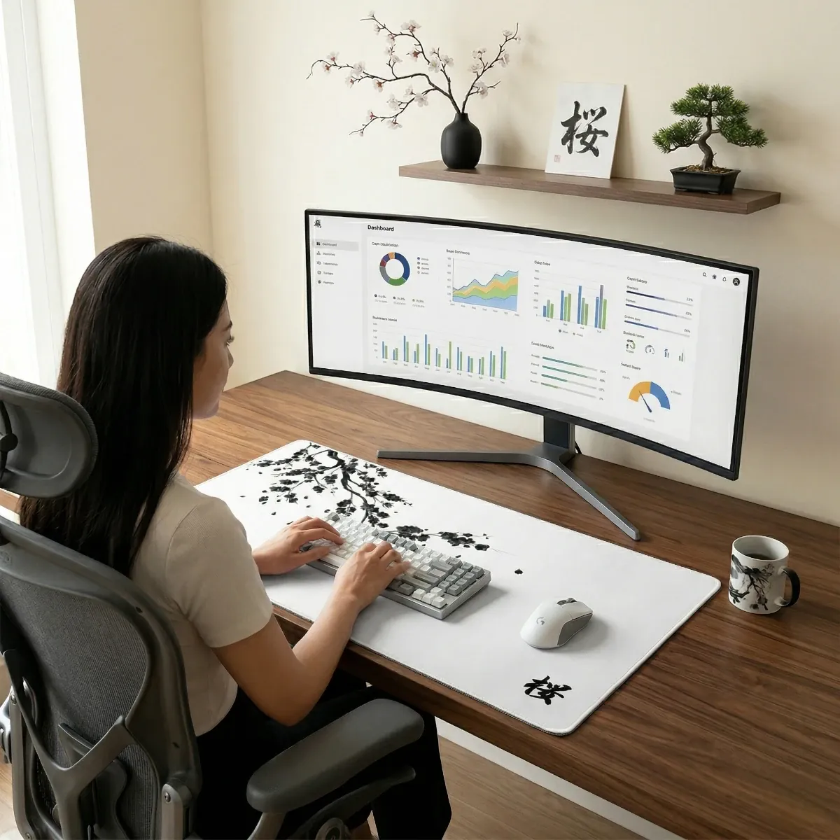 Une femme travaillant sur un grand bureau en noyer avec le tapis de souris Sakura Daylight XXL au micro-tissage haute densité, montrant son design de branche de cerisier encre de Chine. Elle tape sur un clavier, entourée d'un grand écran incurvé, d'un bonsai, d'une calligraphie japonaise encadrée et d'un vase. Rendu épuré pour plus de sérénité.