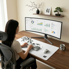 Une femme travaillant sur un grand bureau en noyer avec le tapis de souris Sakura Daylight XXL au micro-tissage haute densité, montrant son design de branche de cerisier encre de Chine. Elle tape sur un clavier, entourée d'un grand écran incurvé, d'un bonsai, d'une calligraphie japonaise encadrée et d'un vase. Rendu épuré pour plus de sérénité.