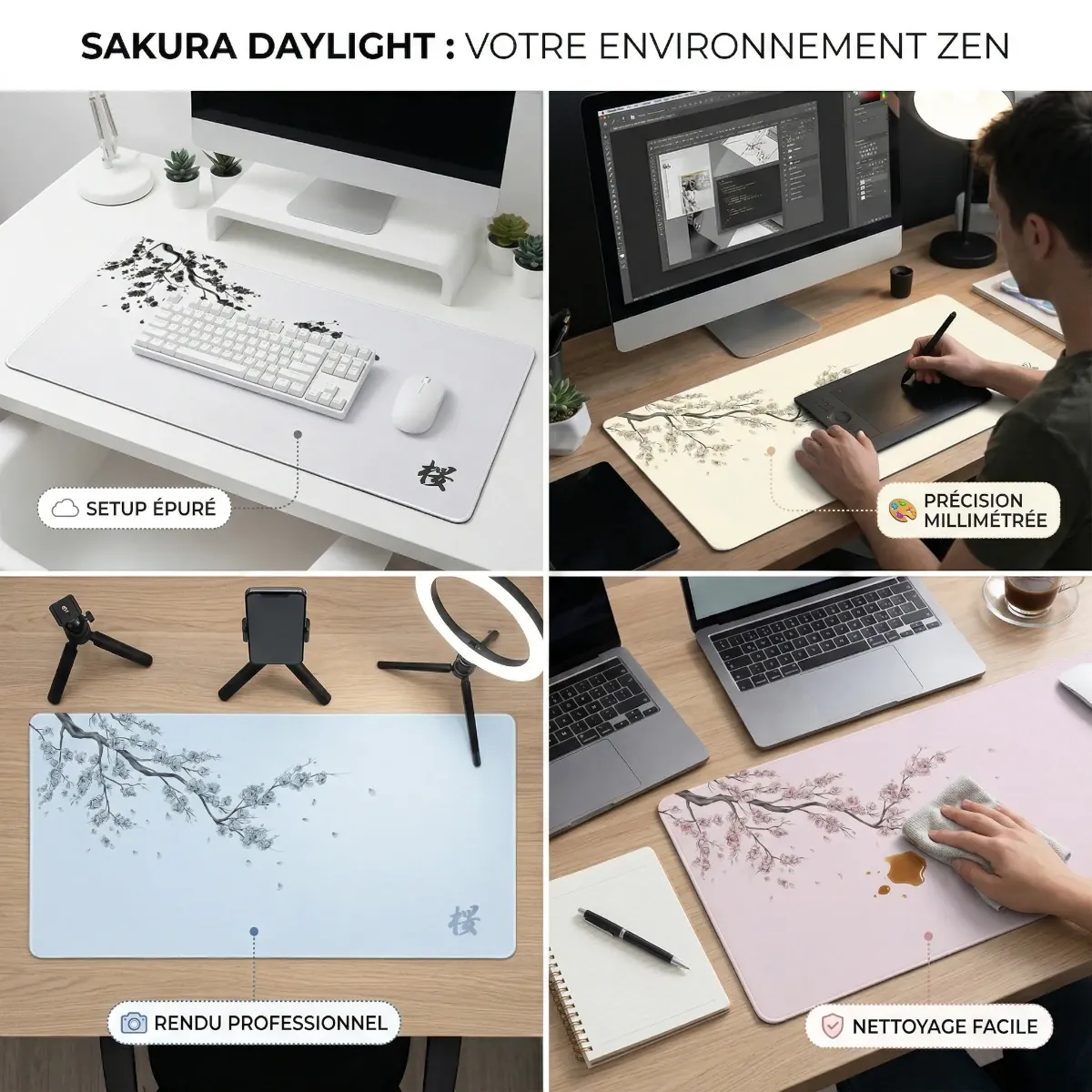 Mosaïque d'images présentant le tapis de souris Sakura Daylight XXL au micro-tissage haute densité dans quatre contextes d'utilisation différents, chacun avec une variante de couleur unique. En haut à gauche, 'SETUP ÉPURÉ' (blanc/noir). En haut à droite, 'PRÉCISION MILLIMÉTRÉE' (crème/doré). En bas à gauche, 'RENDU PROFESSIONNEL' (bleu ciel/bleu). En bas à droite, 'NETTOYAGE FACILE' (rose/rose) montrant l'essuyage d'une tache. Idéal pour unifier vos périphériques de créateur ou de joueur pro.