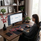 Vue d'ambiance d'une femme travaillant sur un bureau en bois avec le tapis de souris Sakura Midnight XXL, un écran incurvé affichant des analyses, un bonsaï et des décorations florales japonaises assorties.