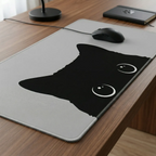 Gros plan en vue 3/4 du tapis de souris Shadow Prowl sur un bureau en bois montrant la précision de la surface.