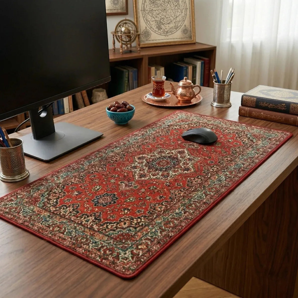 Tapis de souris Sultan Precision - Tissage Persan XXL - Précision & Glisse disposé sur un bureau en bois de noyer entouré d'un bol de dates, d'un service à thé en cuivre et de livres anciens.
