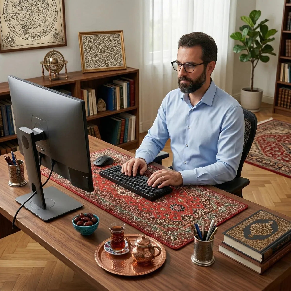 Homme barbu portant des lunettes tapant sur un clavier posé sur le Tapis de souris Sultan Precision - Tissage Persan XXL - Précision & Glisse dans un bureau en bois bien organisé.