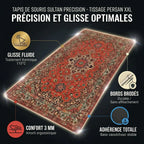 Infographie marketing détaillée du Tapis de souris Sultan Precision - Tissage Persan XXL - Précision & Glisse avec des légendes et des icônes expliquant les caractéristiques de glisse, de confort et de durabilité.