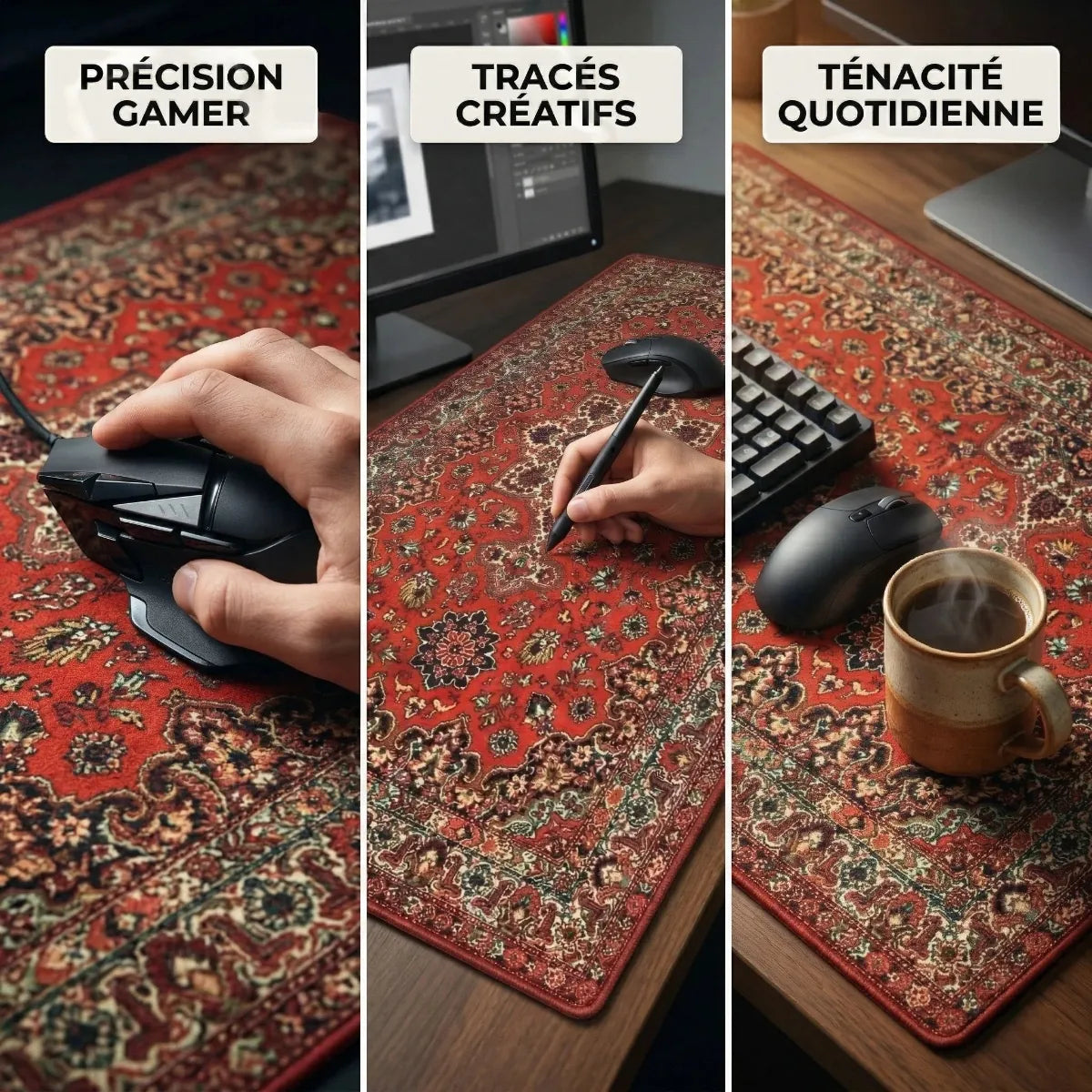 Triptyque montrant trois cas d'utilisation pour le Tapis de souris Sultan Precision - Tissage Persan XXL - Précision & Glisse : Précision Gamer, Tracés Créatifs et Ténacité Quotidienne.