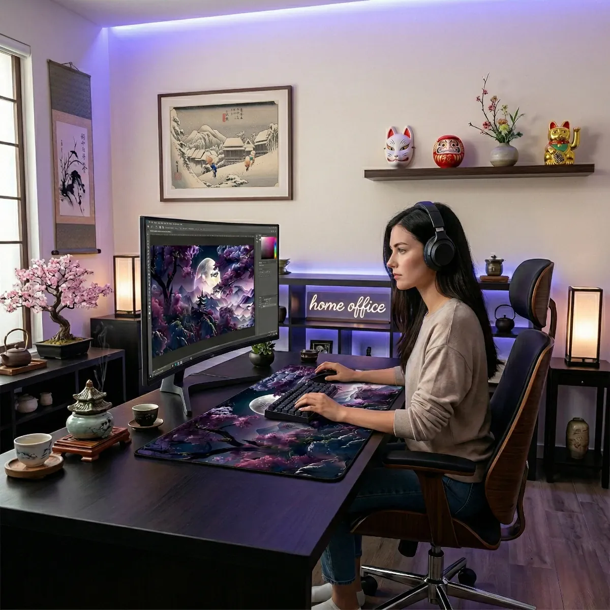Tapis de souris Tsuki Eclipse XXL en situation réelle : bureau home office décoré style japonais avec moniteur et bonzaï.