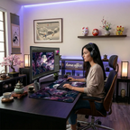 Tapis de souris Tsuki Eclipse XXL en situation réelle : bureau home office décoré style japonais avec moniteur et bonzaï.