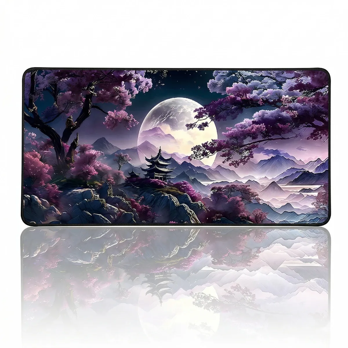 Tapis de souris Tsuki Eclipse XXL : vue à plat et reflet montrant le paysage japonais éclipse lunaire et sakuras.