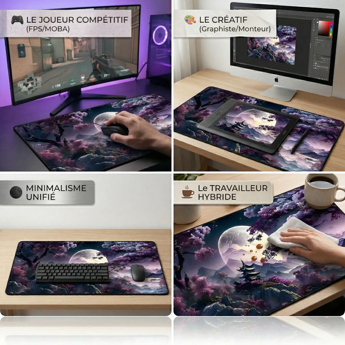 Mise en situation du tapis de souris Tsuki Eclipse XXL : scénarios gamer, créatif, minimaliste et télétravailleur avec traitement déperlant.
