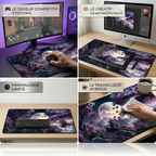 Mise en situation du tapis de souris Tsuki Eclipse XXL : scénarios gamer, créatif, minimaliste et télétravailleur avec traitement déperlant.