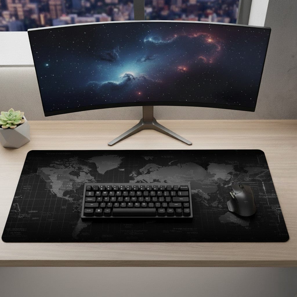Grand tapis de souris XXL avec carte du monde noir sur bureau avec écran incurvé ultra-wide, clavier mécanique compact et souris gaming